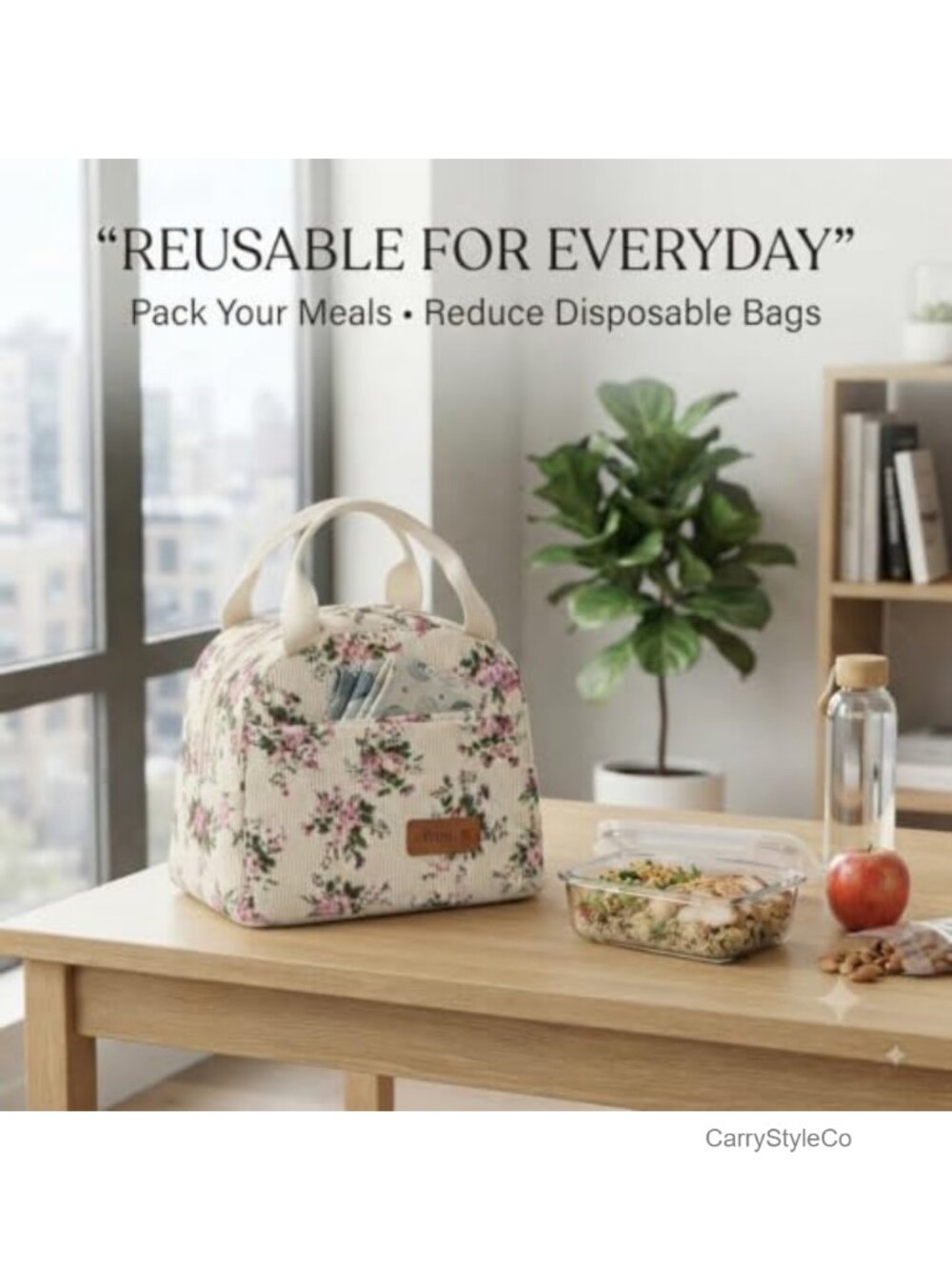 Corduroy Insulated Lunch Tote Leakproof Large Food Bag - Picture 4 of 6